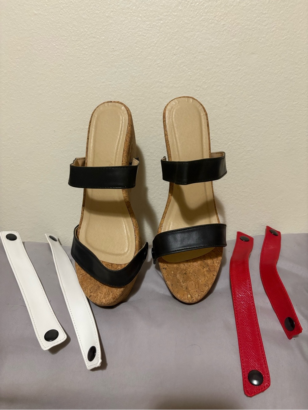 Interchangeable-Strap Cork Slide Sandals in Black with Red & White Straps